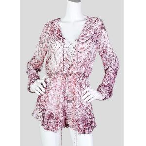 NWT Lulus Olivaceous Snakeskin Lace Up Front Ruffle Romper